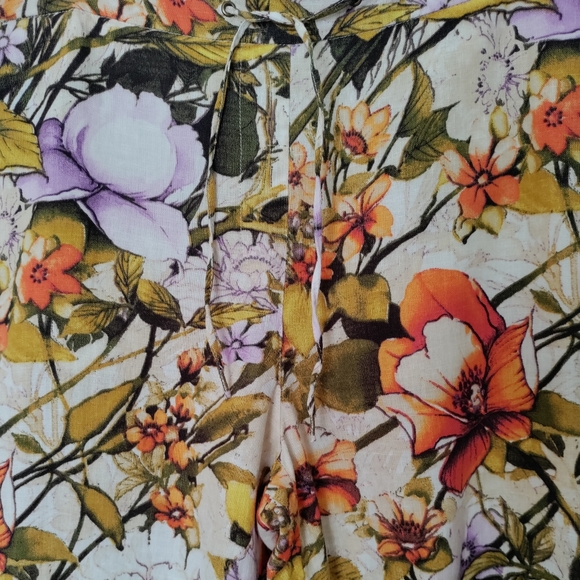 Linen drawstring shorts elastic back Bermuda long watercolor floral print boho - Picture 4 of 4